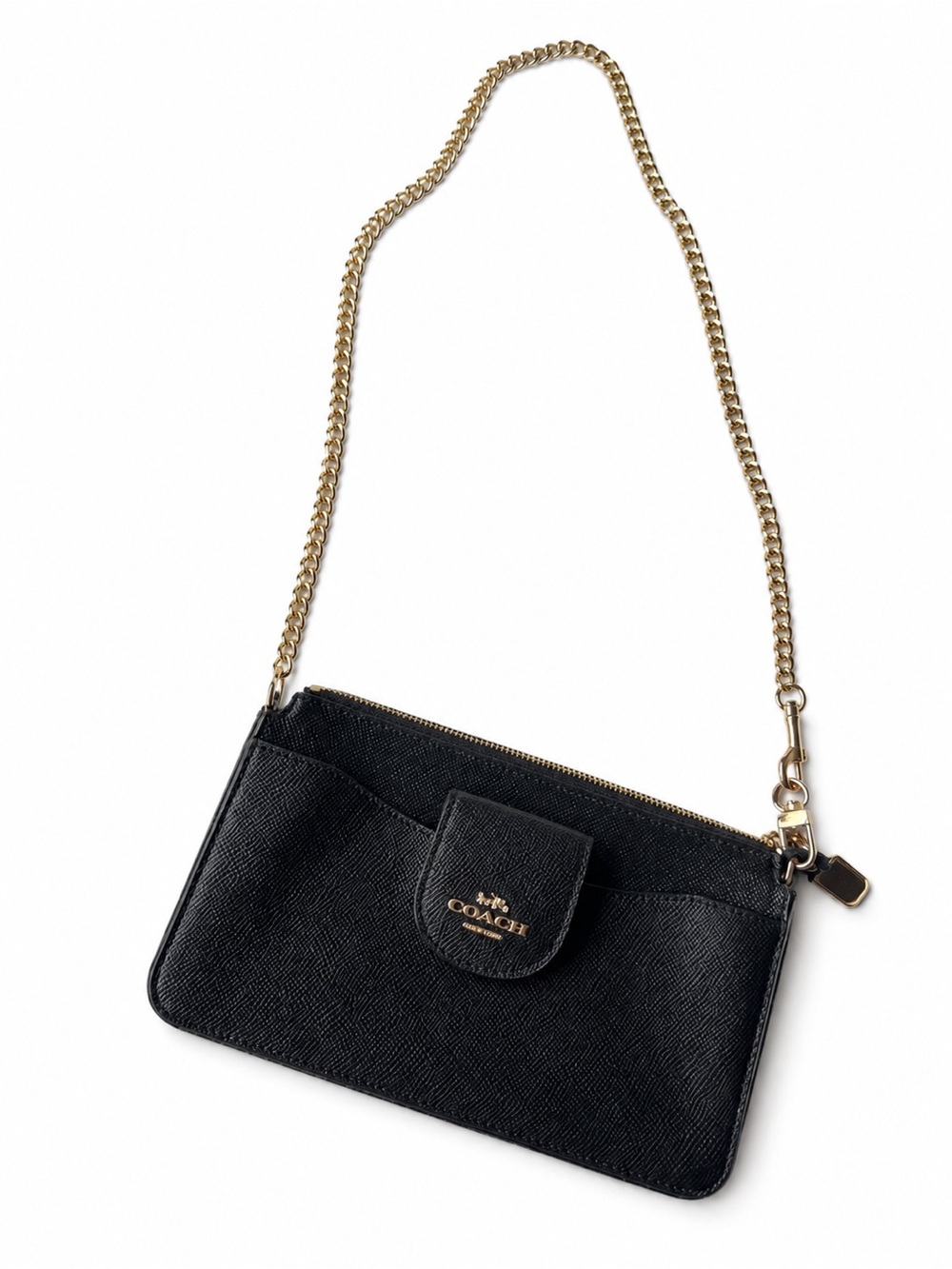 Coach Black Leather Crossbody Wristlet with Gold Chain Strap
